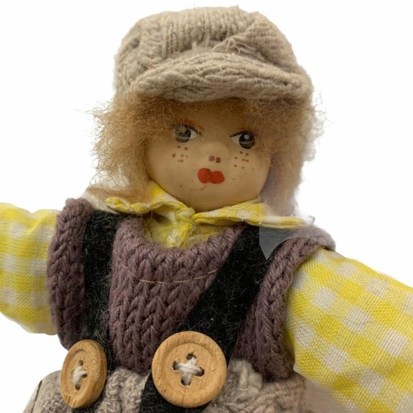 Vintage Doll 6" Small Child Boy Knit Overalls Hat - Picture 2 of 7